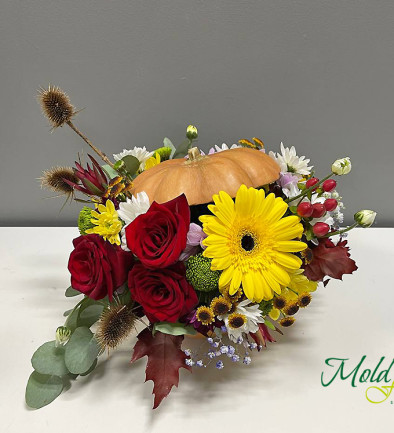 Arrangement with Red Roses, Gerbera in a Pumpkin photo 394x433